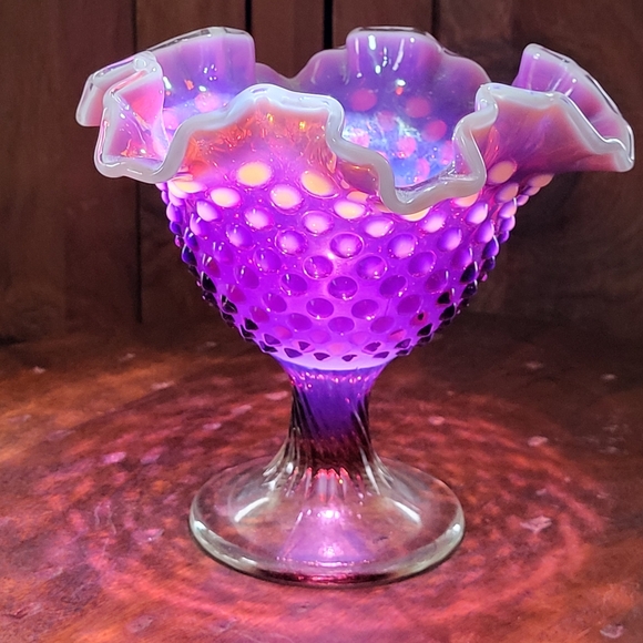 Fenton Other - Fenton Art Glass Plum Opalescent Hobnail Ruffled Compote.